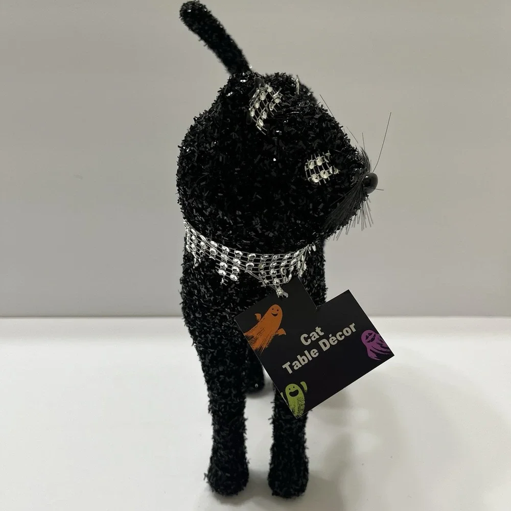 Halloween Black Table Cat Sparkly Black Tinsel Rhinestone Collar Eyes Ears 12